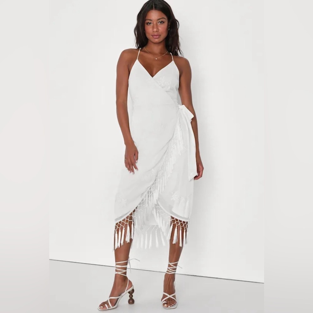 LULUS Fun Affair White Floral Embroidered Tassel Midi Wrap Dress Romantic
